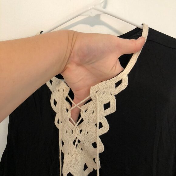 MAX STUDIO Black Cream Beige Embroidered Lace Up Tassel Sleeveless Shift Dress S - Picture 7 of 12